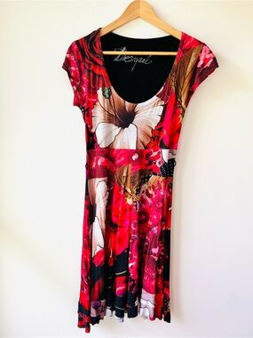 Desigual Red and Pink Multicolor Floral Short Sleeve Dress - Small